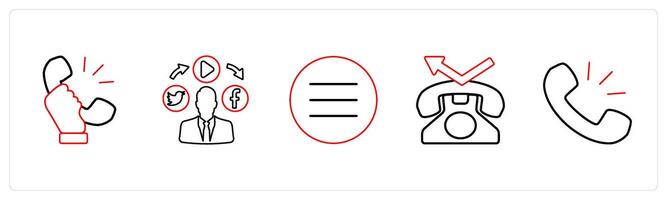 A set of 5 mix icons as receiver, social media, menu bar in red line color vector