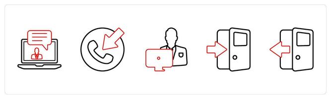 A set of 5 mix icons as message, contact, working man in red line color vector