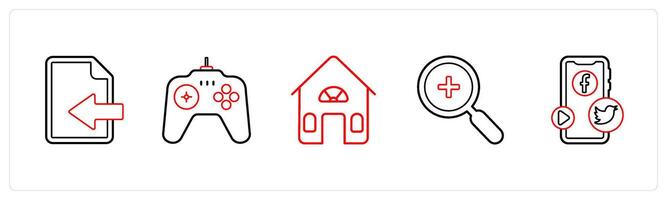 A set of 5 mix icons as document received, game, house in red line color vector