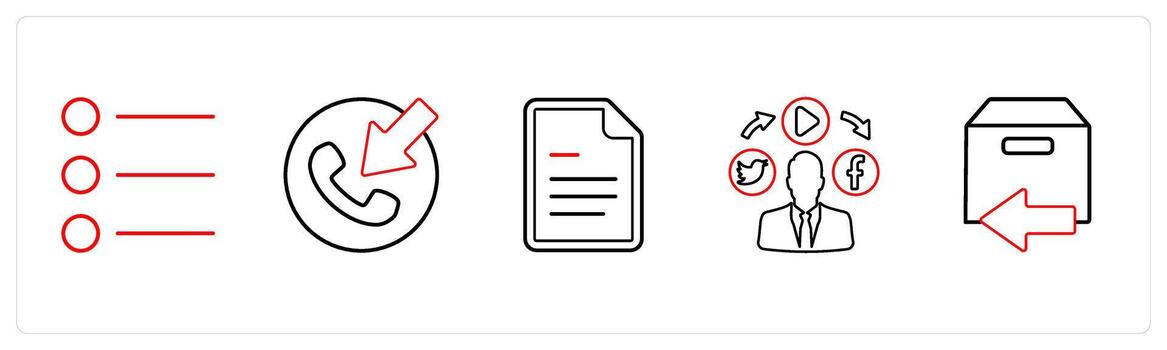 A set of 5 mix icons as list bullets, contact, article sheet in red line color vector