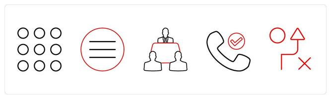 A set of 5 mix icons as dots grid, mobile menu, meeting room in red line color vector