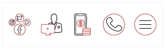 A set of 5 mix icons as social media, working man, digital money in red line color vector