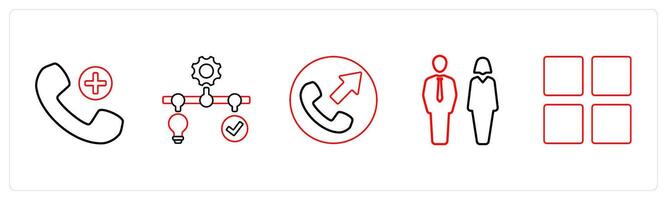 A set of 5 mix icons as add call, solution management, call forward in red line color vector