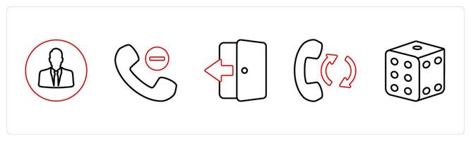 A set of 5 mix icons as user profile, remove contact, door enter in red line color vector