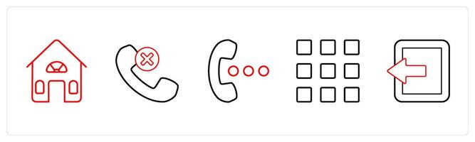 A set of 5 mix icons as house, wrong call, speaker in red line color vector