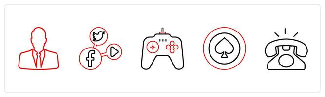 A set of 5 mix icons as man, social media, game in red line color vector