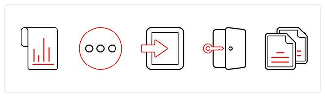 A set of 5 mix icons as flow chart, menu, tablet in red line color vector