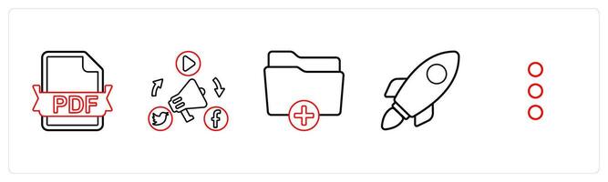 A set of 5 mix icons as pdf file, social media advertisement in red line color vector