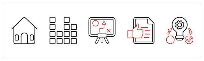 A set of 5 mix icons as house, diagram, solution in red line color vector