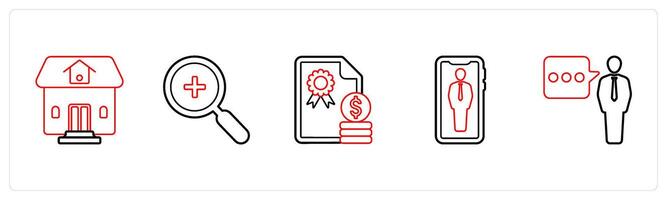 A set of 5 mix icons as residential property, magnifier, certified money in red line color vector
