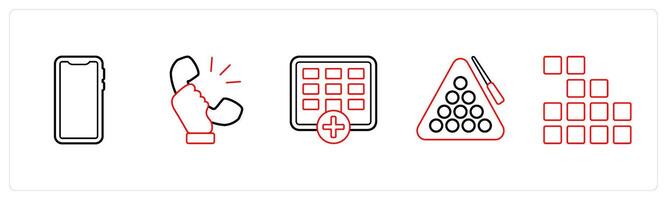A set of 5 mix icons as mobile phone, receiver, schedule in red line color vector