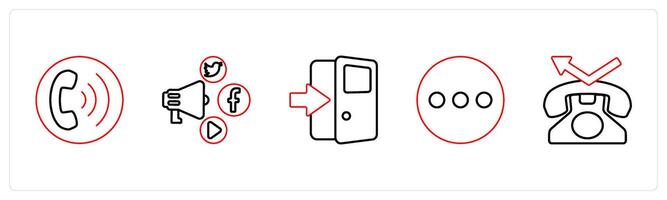 A set of 5 mix icons as call forward, packman, digital media in red line color vector