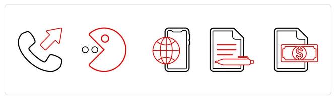 A set of 5 mix icons as calling, social media, enter door in red line color vector