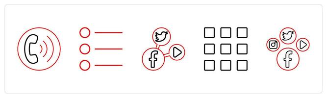 A set of 5 mix icons as calling, list bullets, social media in red line color vector