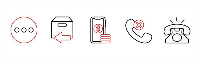 A set of 5 mix icons as menu, returned parcel, digital money in red line color vector