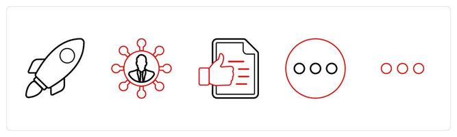 A set of 5 mix icons as rocket, user network, agreement in red line color vector