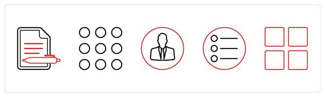 A set of 5 mix icons as blog writing, dots grid, user profile in red line color vector
