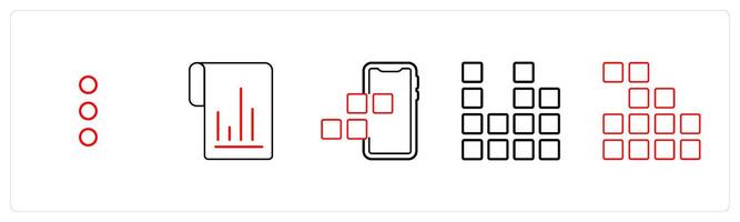 A set of 5 mix icons as vertical dots, flow chart, mobile apps in red line color vector