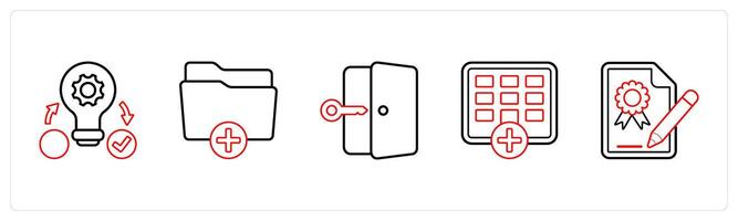 A set of 5 mix icons as dice, meeting room, presentation in red line color vector