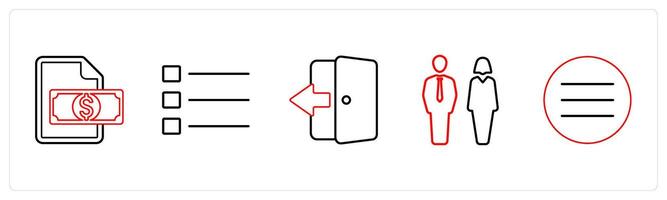 A set of 5 mix icons as finance document, list, exit door in red line color vector