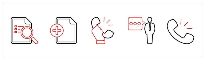 A set of 5 mix icons as serach document, add file, receiver in red line color vector