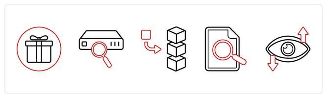A set of 5 mix icons as present, search drive, add stack in red line color vector