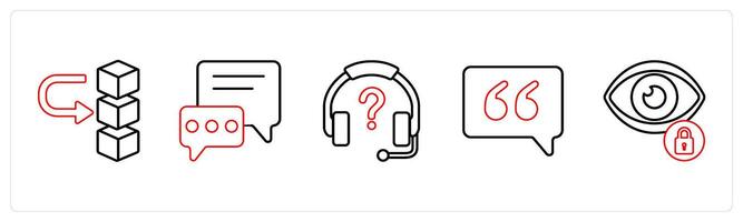 A set of 5 mix icons as server, communication, help desk in red line color vector