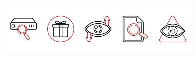 A set of 5 mix icons as search drive, present, vision in red line color vector