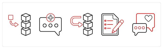 A set of 5 mix icons as add stack, add message, move drive data in red line color vector