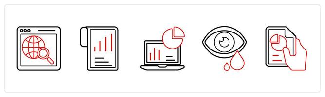 A set of 5 mix icons as global search, performance, site audit in red line color vector