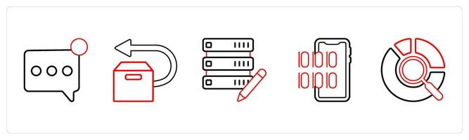 A set of 5 mix icons as notification, forward box, edit server in red line color vector