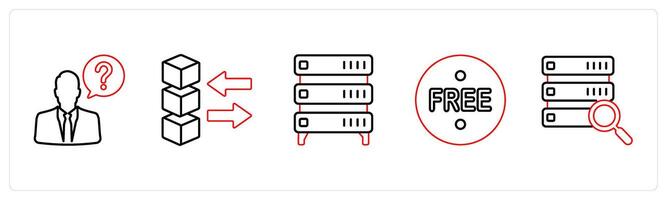 A set of 5 mix icons as help, share data, server in red line color vector