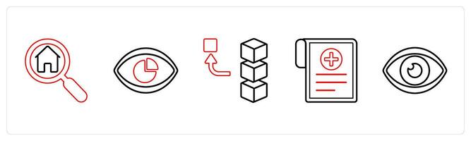 A set of 5 mix icons as home search, performance vision, remove stack in red line color vector