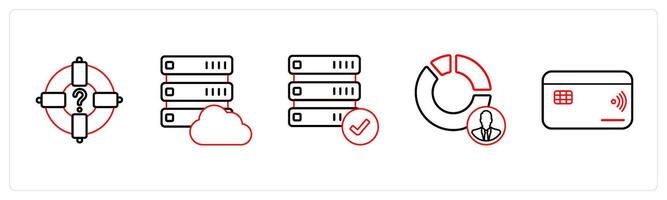 A set of 5 mix icons as target, cloud drive, verified drive in red line color vector