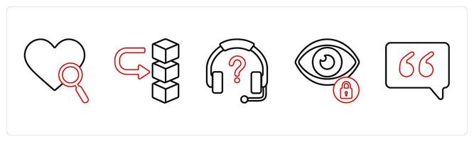 A set of 5 mix icons as favorite search, server, help desk in red line color vector