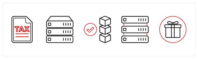 A set of 5 mix icons as invoice, server, verified drive in red line color vector