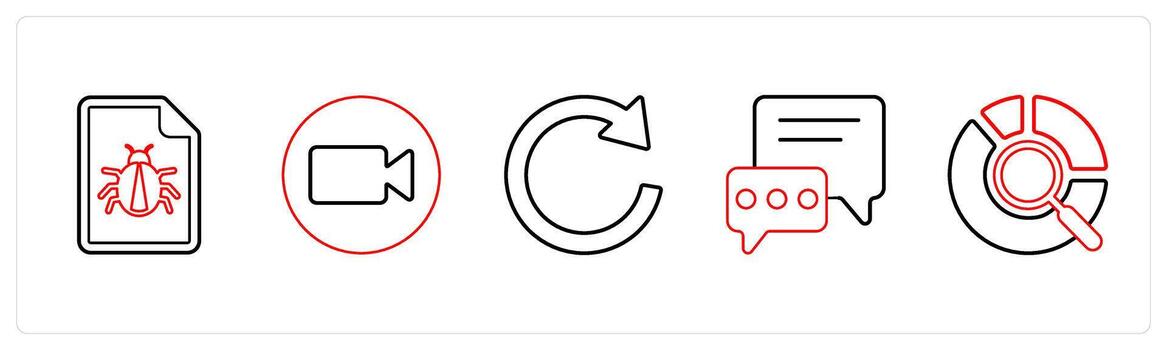 A set of 5 mix icons as bug, call, refresh in red line color vector