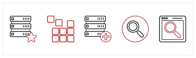 A set of 5 mix icons as favorite server, puzzle, add drive in red line color vector