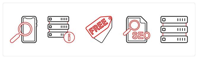 A set of 5 mix icons as mobile search, help, free in red line color vector