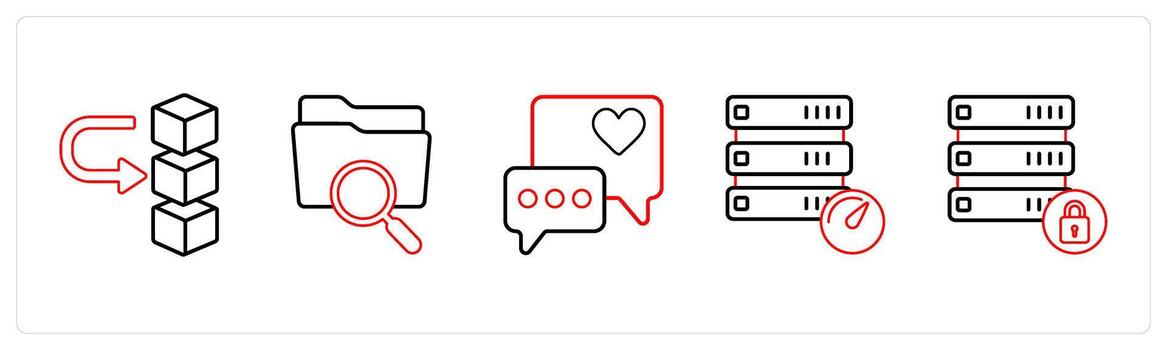 A set of 5 mix icons as move drive data, search folder, positive comment in red line color vector