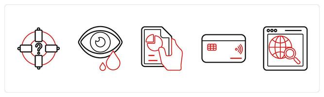 A set of 5 mix icons as target, tears, pie chart in red line color vector