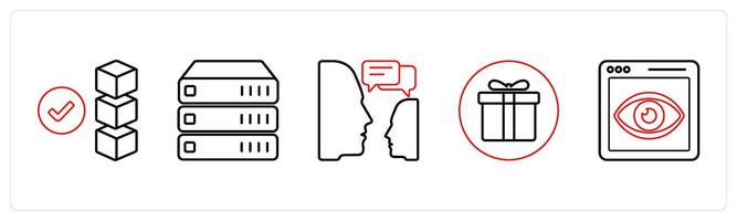 A set of 5 mix icons as verified drive, server, communication in red line color vector