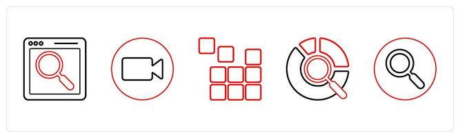 A set of 5 mix icons as web search, call, puzzle in red line color vector