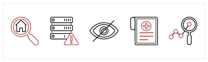 A set of 5 mix icons as home search, error in drive, hide in red line color vector