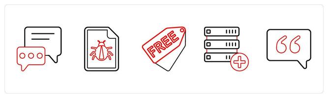 A set of 5 mix icons as communication, bug, free in red line color vector