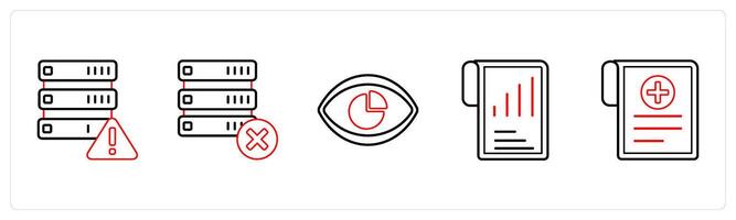 A set of 5 mix icons as error in drive, delete data, performance vision in red line color vector