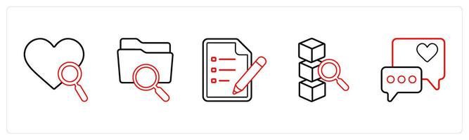 A set of 5 mix icons as favorite server, search folder, text document in red line color vector