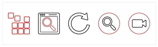 A set of 5 mix icons as puzzle, web search, refresh in red line color vector
