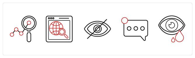 A set of 5 mix icons as analytics, global search, hide in red line color vector