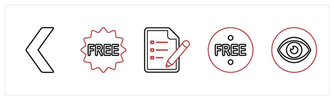 A set of 5 mix icons as back, free, text document in red line color vector